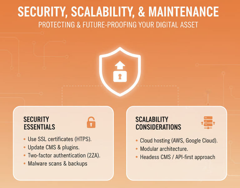 Security, scalability and maintenance considerations for a business website